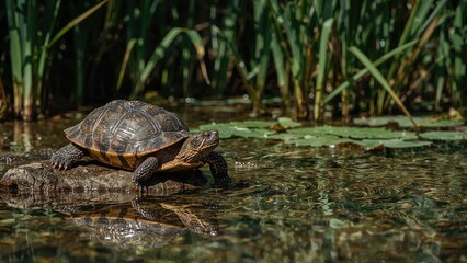 Obraz premium A turtle unwinding beside transparent shallow water