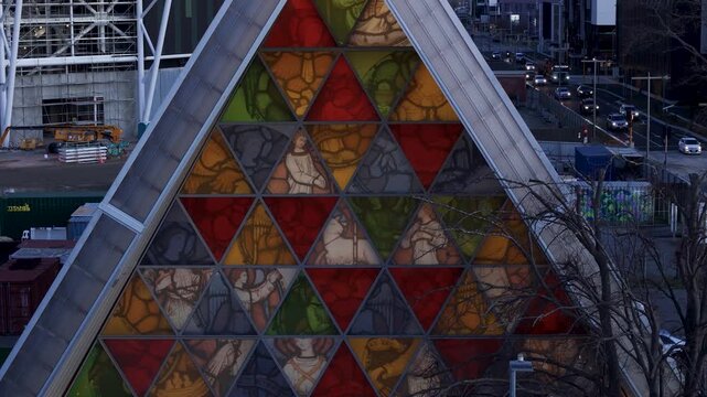 Christchurch, New Zealand - 24 July 2025: Aerial view of the Cardboard Cathedral, a temporary structure with stained-glass windows and triangular design.