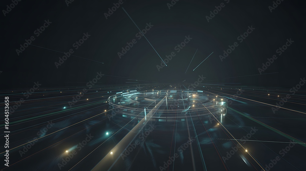 Poster futuristic glowing circular platform with light trails image