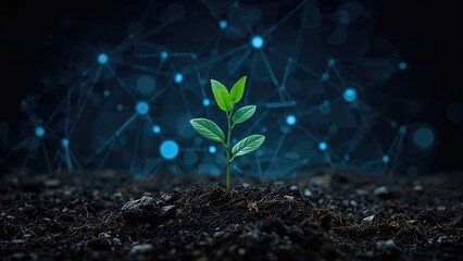 Vector image of an abstract plant growing from earth, designed in low poly style with a blue geometric background and wireframe light connections. Modern graphic design.