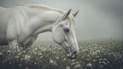 Cropped image of a white horse grazing in a flowery pasture, captured in a subdued gray-scale with a dreamy and old-fashioned style