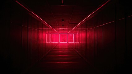 Long dark hallway glowing with neon lighting and enveloped in smoke, displaying red neon abstract art and symmetrical mirroring on a concrete floor.