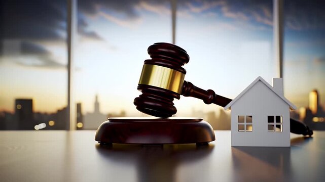Wooden Gavel and White House Miniature on Table with Cityscape Background Depicting Home Auction Law Concept and Legal Property Sale