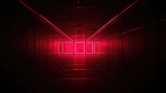 Long dark hallway glowing with neon lighting and enveloped in smoke, displaying red neon abstract art and symmetrical mirroring on a concrete floor.