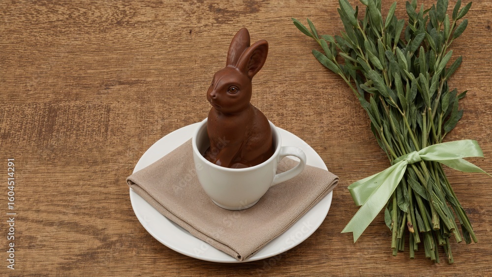 Poster spring holiday table setting featuring a chocolate rabbit in a cup alongside a plate with a napkin a