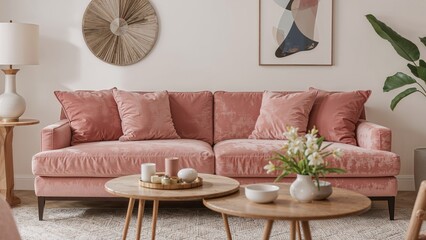 Faint background of a fashionable lounge featuring a pink velvet sofa, elegant cushions, and classy interior accents, perfect for modern comfort and aesthetic appeal.