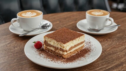Tiramisu served on rustic wooden board