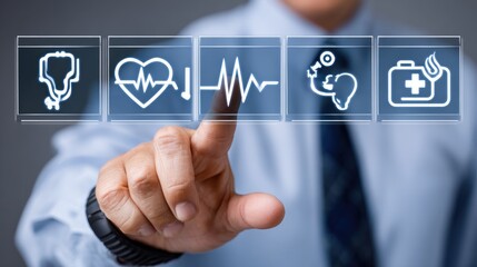 Healthcare Touch: A professional individual in formal attire, pointing to a digital interface displaying vital healthcare symbols.