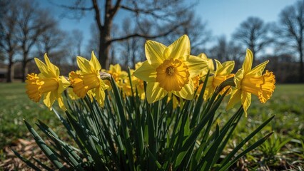 Obraz premium Early spring blossoms in the garden during a bright morning. Close-up of yellow narcissus flowers in full bloom. Stunning floral scenery captured with anamorphic macro lens.