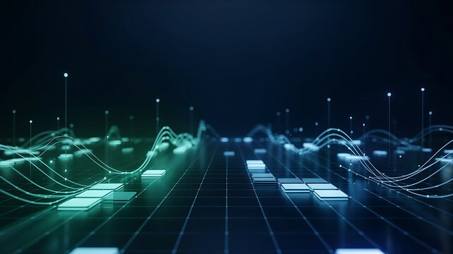 Glowing green and blue digital data waves and bars abstract analytics