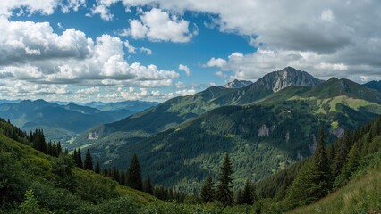 Expansive landscape showcasing grand mountain ridges adorned with dense green vegetation, while soft white clouds glide over the valleys below. The remote snowy tops create a striking contrast with