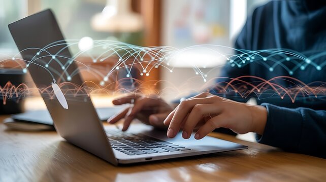 Typing on a laptop with a digital network overlay in a modern workspace