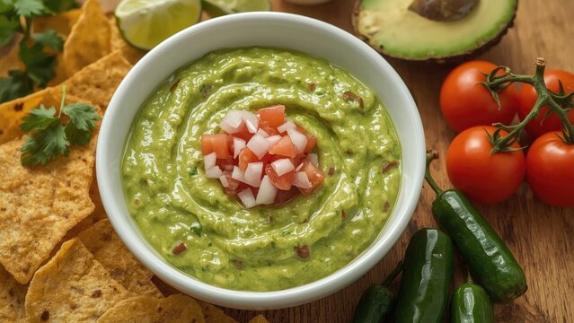 White bowl filled with avocado guacamole mixed with onions and tomatoes, placed on a wooden table accompanied by corn nachos and green chili peppers.