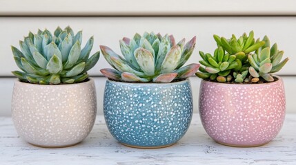 Obraz premium Colorful succulent plants displayed in decorative pots on a wooden surface