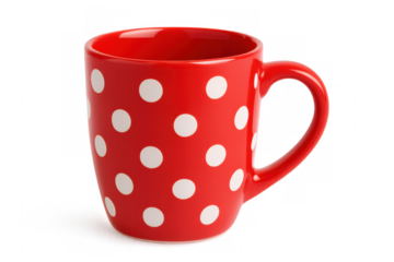 White-dotted red ceramic mug floating against transparent backdrop, highlighting graphic design potential with playful, cheerful aesthetic