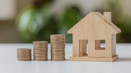 Wooden car and house models alongside stacked coins on a surface. Concepts of asset approval for buying vehicles and properties. Home purchasing ideas including checklists, loans, and taxes.