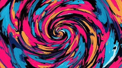 Colorful swirling vortex pattern with dynamic brushstroke texture in vibrant shades of pink, blue, orange, and black. Abstract artistic design.