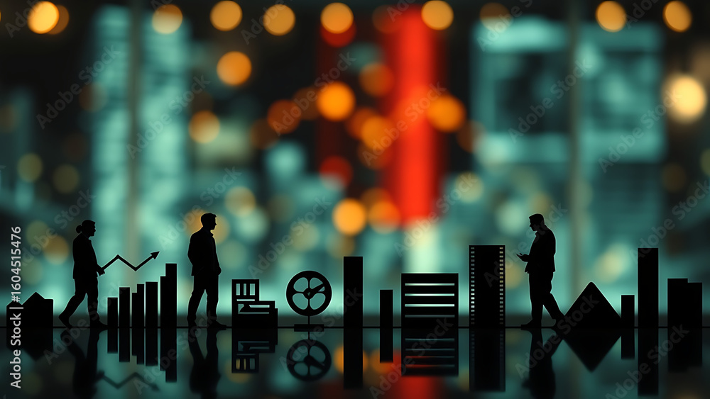 Poster collection of silhouette data and chart icons for analytics and reports