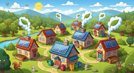 An eco-friendly village where every house has a recycling system, compost bin, and solar panels, surrounded by nature, cartoonish illustration