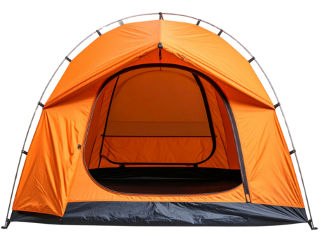  Bright Orange Dome Tent with Open Flap, Front View on Transparent Background
