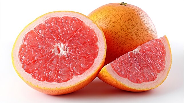 Fresh pink grapefruit showing juicy interior and whole fruit