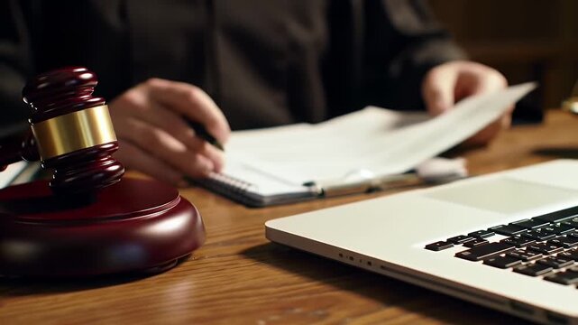 Wooden Gavel Laptop and Legal Documents on a Wooden Desk Near Scale In a Office Law and Justice Legal Representation and Fair Judgment