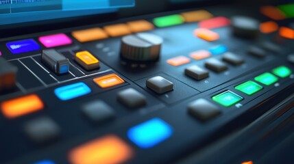 Colorful control panel with buttons and knobs in a recording studio setting