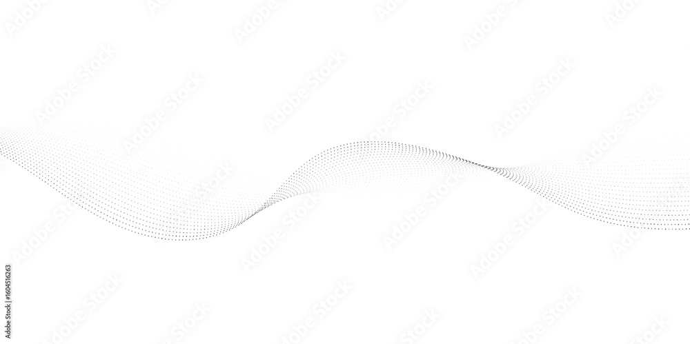 Poster dynamic particle waves in a halftone gradient form a flowing dot curve against a white backdrop, emb