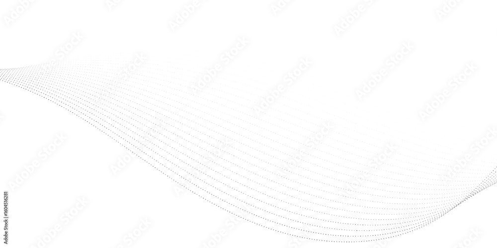 Poster dynamic particle waves in a halftone gradient form a flowing dot curve against a white backdrop, emb