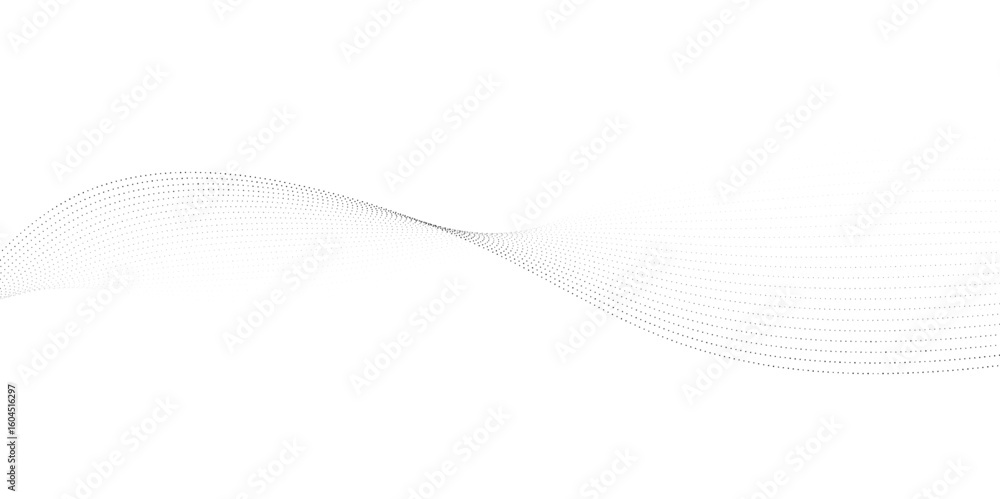 Poster dynamic particle waves in a halftone gradient form a flowing dot curve against a white backdrop, emb