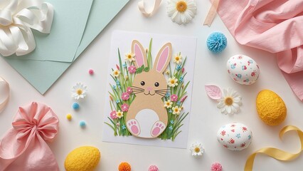 Step 5 DIY: Handmade Easter Bunny cards featuring paper, floral accents, ribbons, pom-poms, and eggs with detailed photo instructions for kids' crafts.