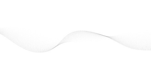 Dynamic particle waves in a halftone gradient form a flowing dot curve against a white backdrop, embodying technology, sound, music, and modern aesthetics. technology, science, innovation concepts	