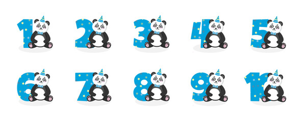 Cute panda and numbers from 1 to 10. Vector set. Elements for Kids Birthday Party invitation, greeting card, poster, event, prints and topper design 