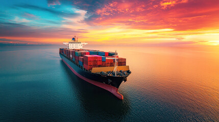 A large cargo ship sailing on the ocean at sunset, carrying colorful containers. The vessel is a container ship, representing the maritime industry and global trade.
