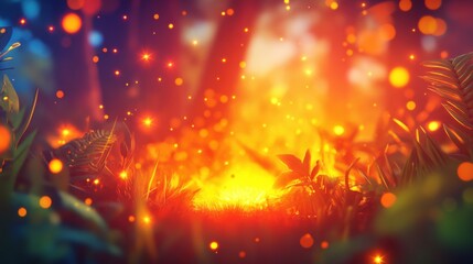 Obraz premium Vibrant glowing fire surrounded by lush greenery in an enchanting forest