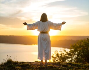 Figure in white robe at sunset over lake