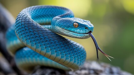 Intriguing closeup of a blue snake with its tongue out in natural light