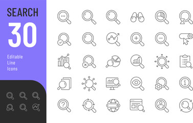 Search Editable Icons set. Vector illustration in modern thin line style of research related icons: magnifying glass, monitoring, analysis, and more. Pictograms and infographics for mobile apps.