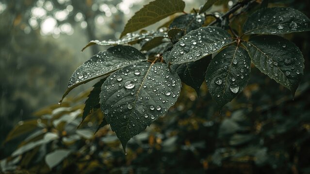 Chinar foliage adorned with raindrops from a heavy shower