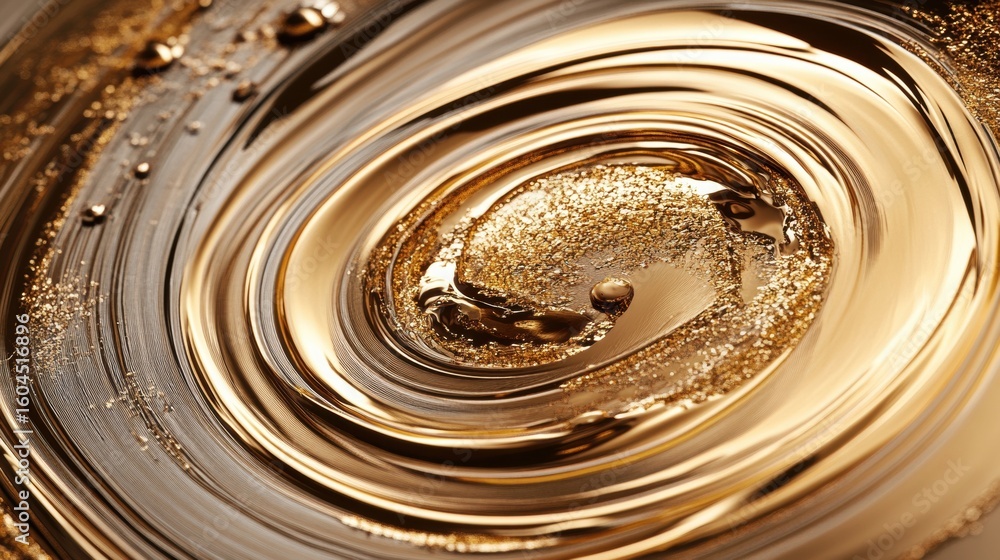 Poster swirling golden liquid creating mesmerizing patterns in a shallow dish