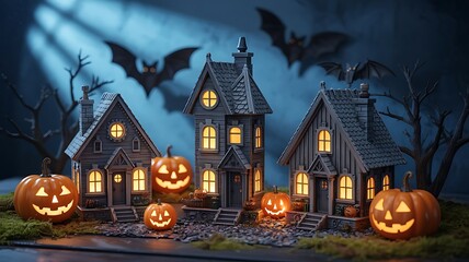 A miniature halloween village with glowing pumpkins and bats flying above