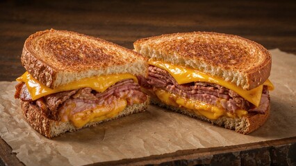 Egg-battered and fried club sandwich with breakfast toast, beef ham, and cheese, halved and shown in a vertical orientation.
