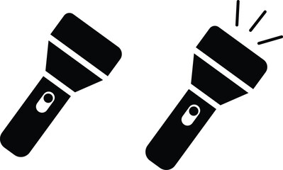 Hand torch flashlight set, black vector collection of electric lantern group in flat style, portable light, battery lamp, emergency beam outline, glowing tool icon bundle