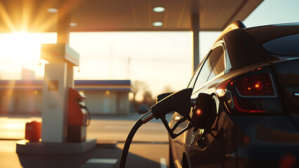 Fueling a vehicle at a gas station with warm sunlight illuminating the scene