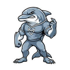 Cartoon dolphin mascot, powerful stance, aggressive pose.