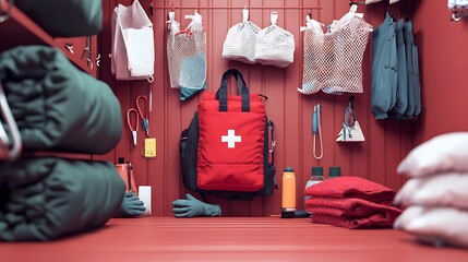 First Aid Equipment and Supplies Organized in a Red Storage Area for Emergency Preparedness and Safety Management