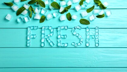 Ice cubes arranged to spell "FRESH" on a teal wooden surface with fresh mint leaves