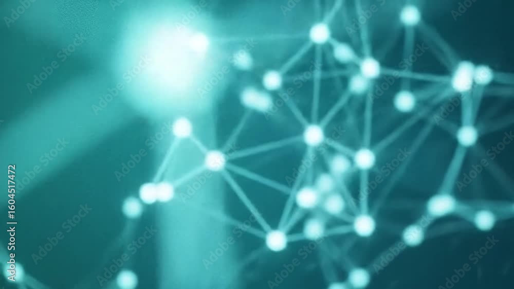 Poster glowing nodes connect on a teal backdrop, creating a blurry, networked effect