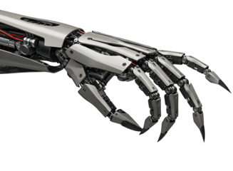 Robotic hand pointing forward with articulated fingers isolated on transparent background