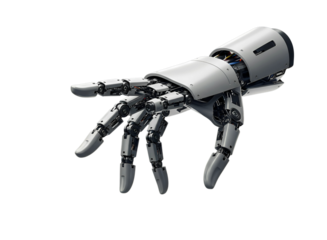 Robotic hand pointing forward with articulated fingers isolated on transparent background